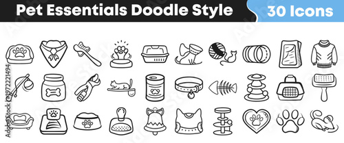 Collection of hand drawn doodle icons representing essential pet care supplies for cats and dogs in a simple black outline