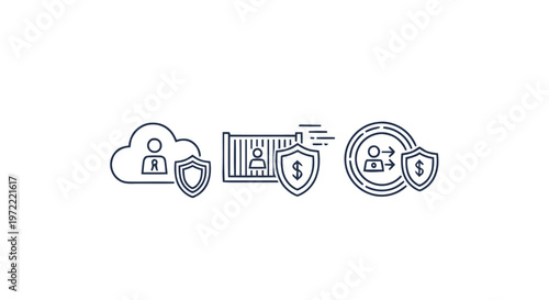 Secure Cloud Data Transfer and Financial Transactions Illustrated with Icons.