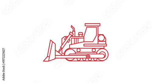 Red Line Art Illustration of Bulldozer Construction Equipment.