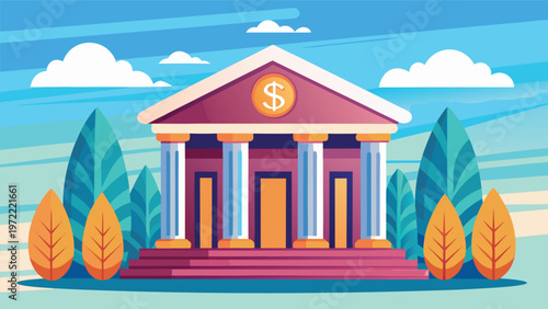 Bright bank building illustration classical columned bank with dollar emblem, colorful flat-vector financial concept