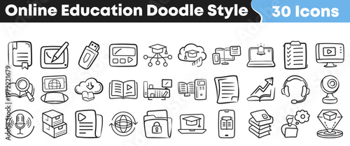 Thirty unique hand-drawn doodle style icons representing essential elements and tools for modern online education, e-learning, and digital content.