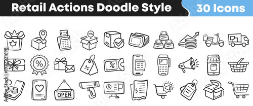 Collection of various retail and shopping hand drawn icons featuring delivery boxes payments discounts and diverse commercial business related items