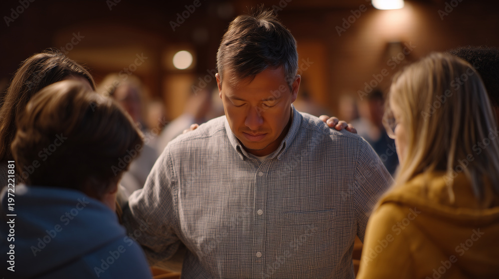 Fototapeta premium A grief support circle of six adults sits on folding chairs in a dim church basement