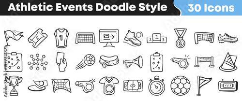 Hand drawn set of thirty athletic sports icons featuring equipment and tournament symbols for various competitive games and events