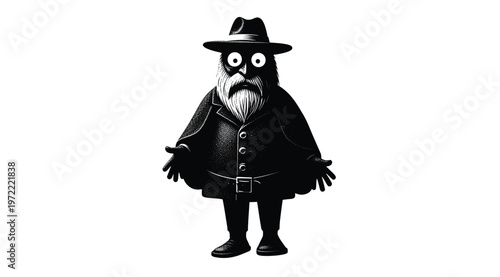 Illustration of a mysterious bearded man in a hat and coat with wide eyes
