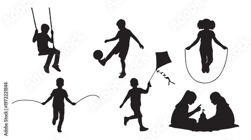 Black silhouette children playing, kids outdoor activities, playground fun, recreational icons