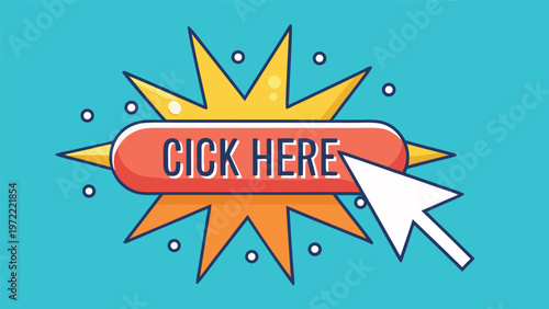 Click here button bright orange rounded CTA with pointer arrow and playful star accents, flat vector graphic