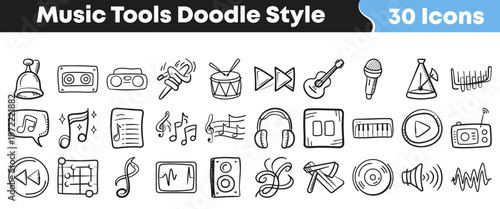 A collection of hand-drawn music tools and audio equipment icons in a charming doodle style, perfect for creative projects.