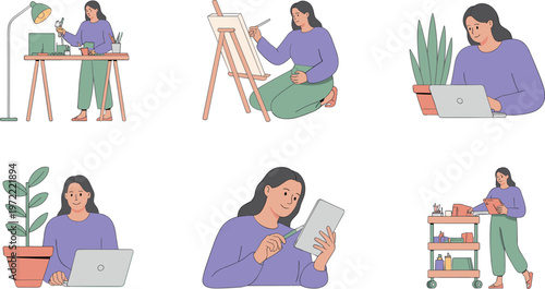 Creative woman lifestyle set with painting drawing digital work illustration modern artist workspace productivity hobby freelance creative activities concept