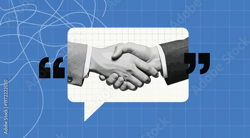 Business handshake illustration inside a speech bubble with quotation marks