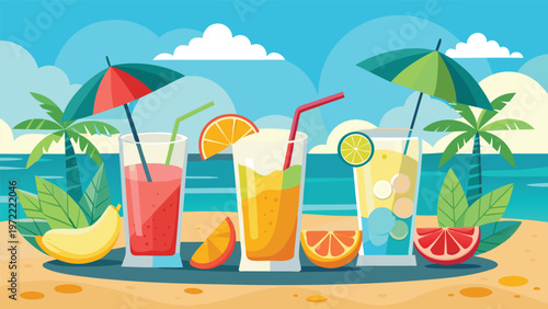 refreshing tropical cocktails on the beach colorful fruit drinks, umbrellas and ocean backdrop in flat vector style