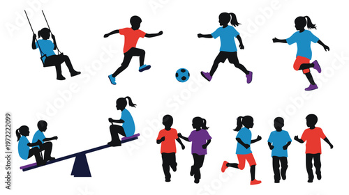 Colorful kids playing, children at play, playground fun, kid activities vector icons