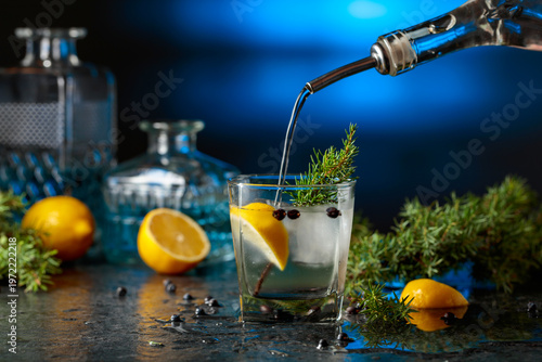 Vászonkép Gin is poured from a bottle into a glass with ice and lemon slice