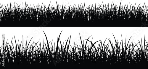 Grass silhouettes borders set featuring wild meadow blades and dense lawn textures, black isolated vector elements for nature, landscape and decorative design