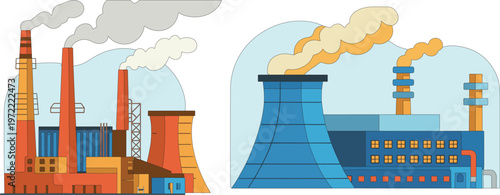 Industrial factories with chimneys and power plants emitting smoke environmental pollution and energy production illustration