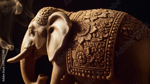 Ornate elephant statue, detailed floral carvings with smoke, mystical ambiance, symbolizing spirituality.