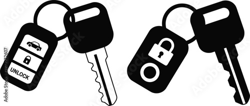 Car keys with remote control and lock unlock icons simple black silhouette vector illustration set