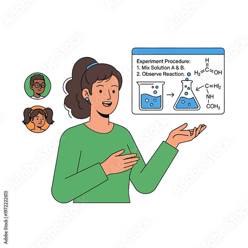 Woman explaining chemistry to students.