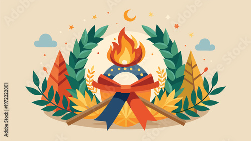 Autumn campfire emblem laurel wreath, ribbon and glowing flame with stylized trees under crescent sky in warm flat-vector style