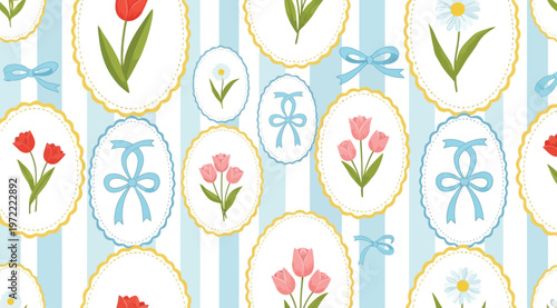 Seamless pattern with vintage floral frames, tulips and daisies on striped background