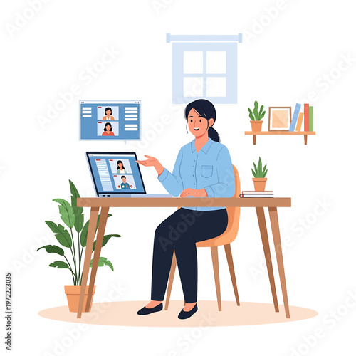 Woman working on laptop computer remotely.