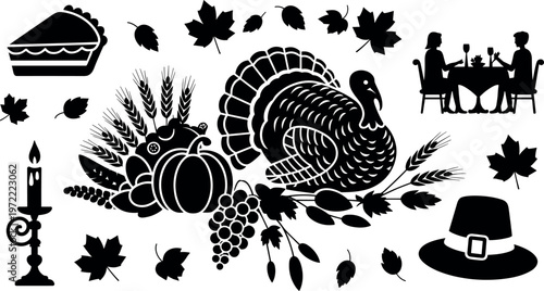 Thanksgiving harvest illustration with turkey pumpkin wheat leaves pie candle pilgrim hat autumn seasonal festive dinner decoration clipart design