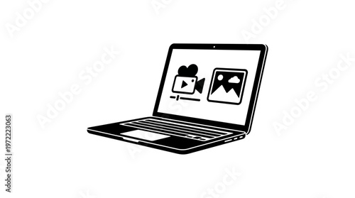 Black Laptop Icon with Video and Image Symbols on Screen, Multimedia and Digital Content Concept, isolated white background.