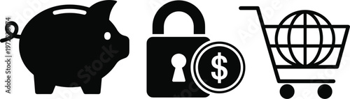 Digital payment and online shopping symbols including savings security and global commerce simple icon collection