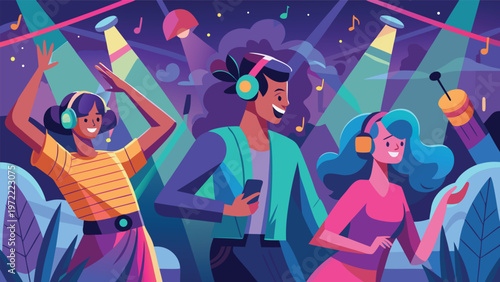 Neon music festival DJ with headphones energizing a vibrant crowd under colorful lights and floating musical notes