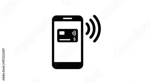 Black Smartphone Icon with Contactless Payment Card and Wireless Signal, Mobile Transaction Concept, isolated white background.