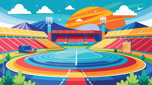 Vibrant sports stadium colorful running track, cheering stands and futuristic skyline in lively flat-vector illustration