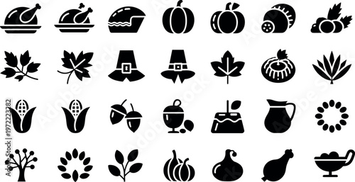 Thanksgiving icon set with turkey pumpkin leaves pie harvest symbols black silhouette collection festive autumn holiday vector illustration bundle