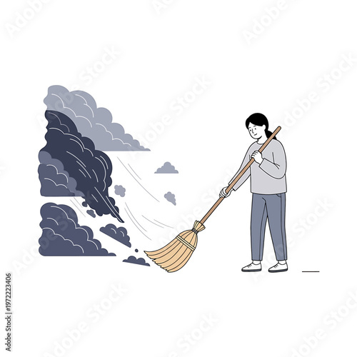 Man sweeping dust with a broom.