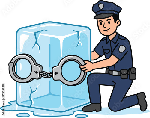 A cartoon illustration of a police officer placing handcuffs on a large ice block, symbolizing crime, law enforcement, and a humorous or creative concept of arresting an object.