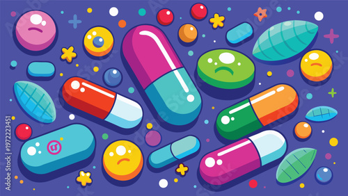 Playful colorful pills and capsules pattern bright pharmacy illustration with round tablets, stars and confetti in a vibrant flat-vector style