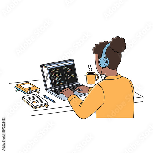 Man wearing headphones using laptop computer 1.