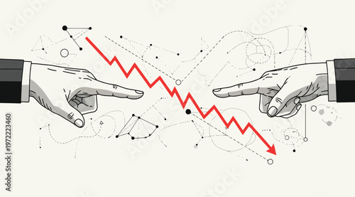 Business hands pointing at a red downward trend line graph