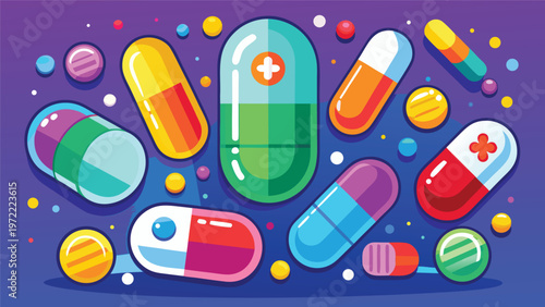 Playful colorful pills and capsules pattern bright pharmacy illustration with round tablets, stars and confetti in a vibrant flat-vector style