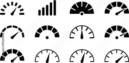 Speedometer gauge icons set, performance meter dashboard symbols, fuel level indicator, tachometer vector, automotive UI elements, minimal black design