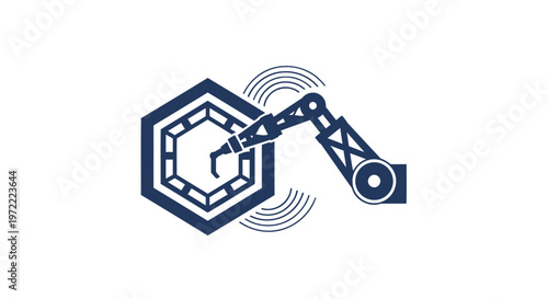 Modern Robotic Arm Interacting with a Geometric Hexagon Symbol.