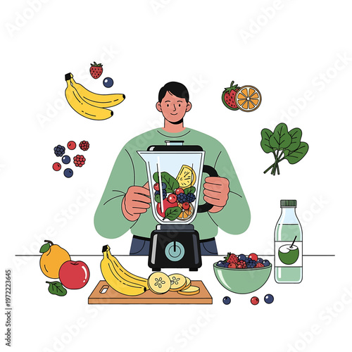 Man making smoothie with blender.