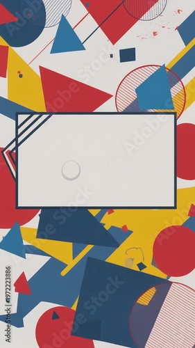 Memphis-style geometric illustration featuring a central computer monitor frame with a blank white screen, surrounded by bold red, yellow, and blue triangles, circles, and diagonal stripes.