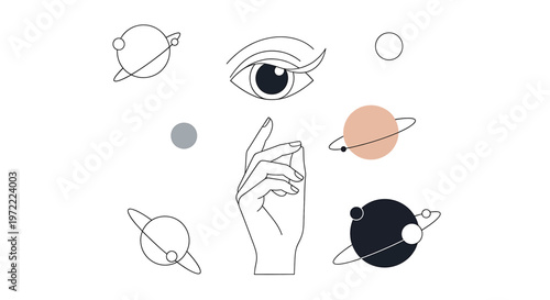 Hand Reaching for Planets and Eye.