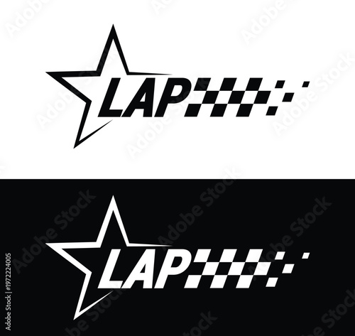 Lap racing logo set with star emblem and checkered flag motion, motorsport typography badges for race timing graphics, automotive decals, esports overlays, sports branding. Vector illustration