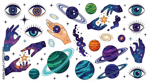 Eyes and hands holding planets and stars.