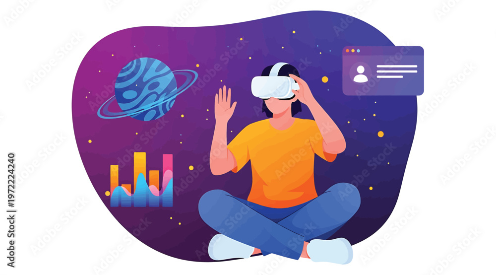 Fototapeta premium Person wearing virtual reality headset exploring digital space with planet and data visualization