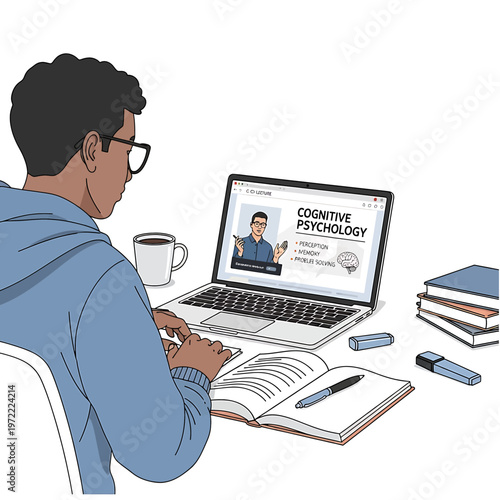 Man studying cognitive psychology on laptop.