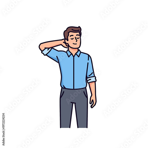 Man in blue shirt scratching neck.