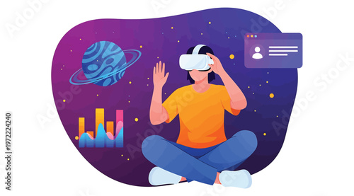 Person wearing virtual reality headset exploring digital space with planet and data visualization