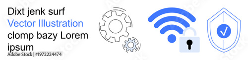 Technology, cybersecurity, wireless communication, internet safety, secured networks, data protection. Gear icons, wireless symbol padlock and shield with checkmark. Cybersecurity and internet